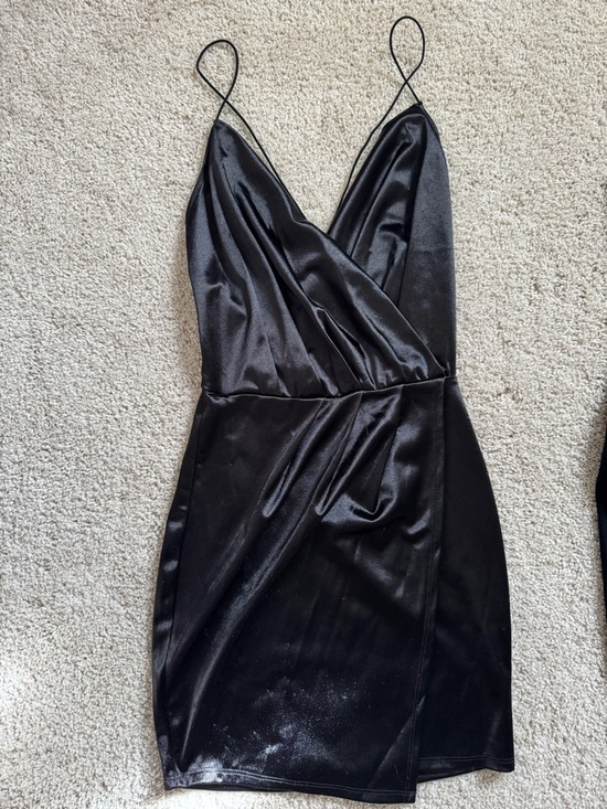 Fashionova Dresses & Skirts - Satin Black Wrap-Front Mini Dress with Spaghetti Straps